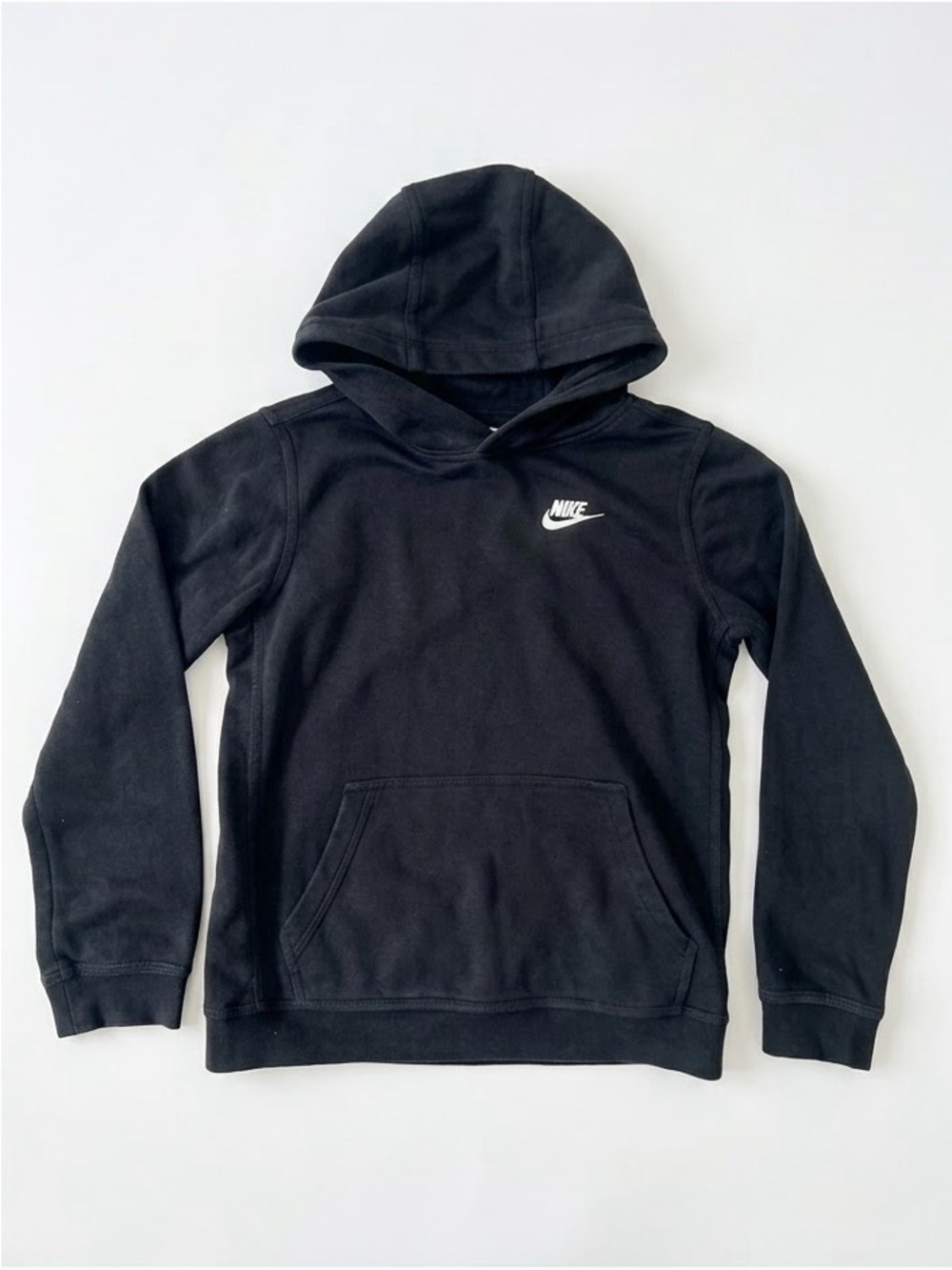 Nike Club Fleece Pullover Hoodie Black White Swoosh Youth L (G)